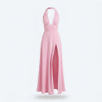Vestido Élysée rosa con escote halter y abertura frontal
