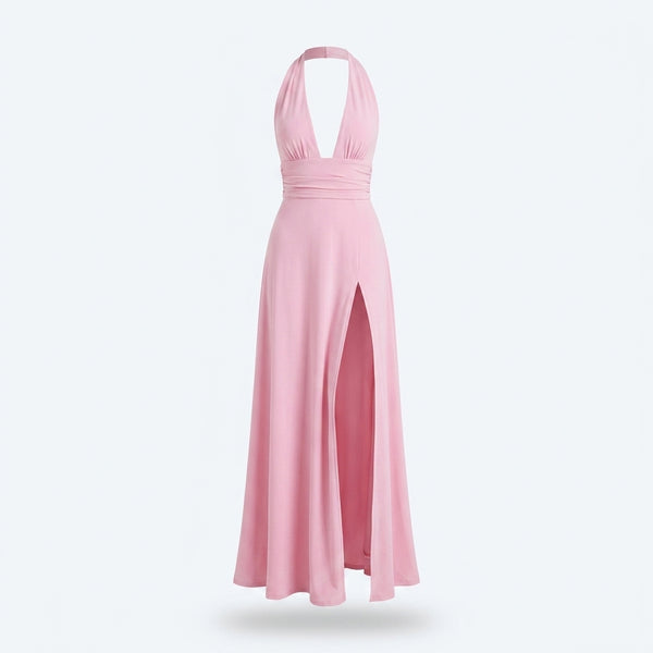 Vestido Élysée rosa con escote halter y abertura frontal