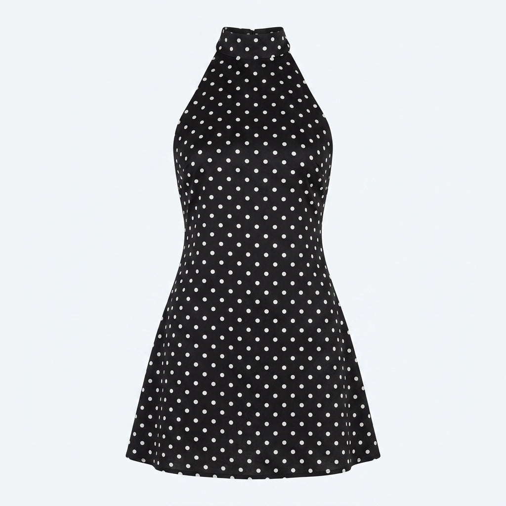 Vestido capri negro con lunares blancos, falda acampanada