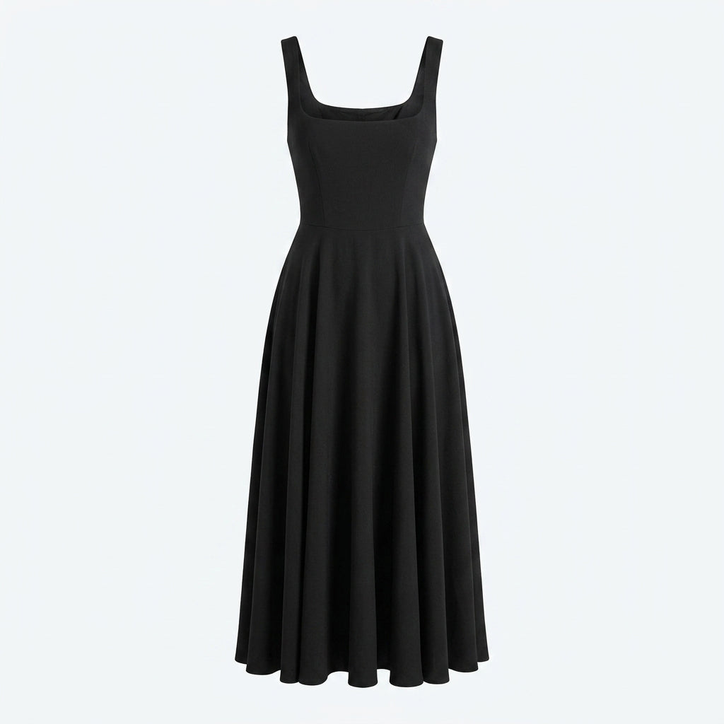 Vestido negro con tirantes anchos y falda acampanada plisada