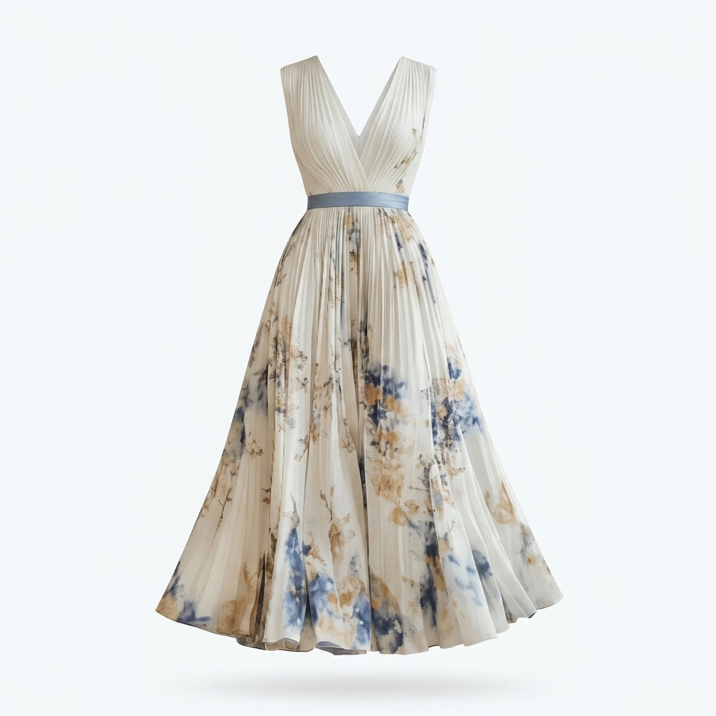 Vestido corto blanco roto con escote en V, falda amplia con estampado floral azul y beige.