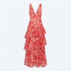 Vestido sin mangas de cuello pico rojo con estampado floral y falda larga con capas de volantes
