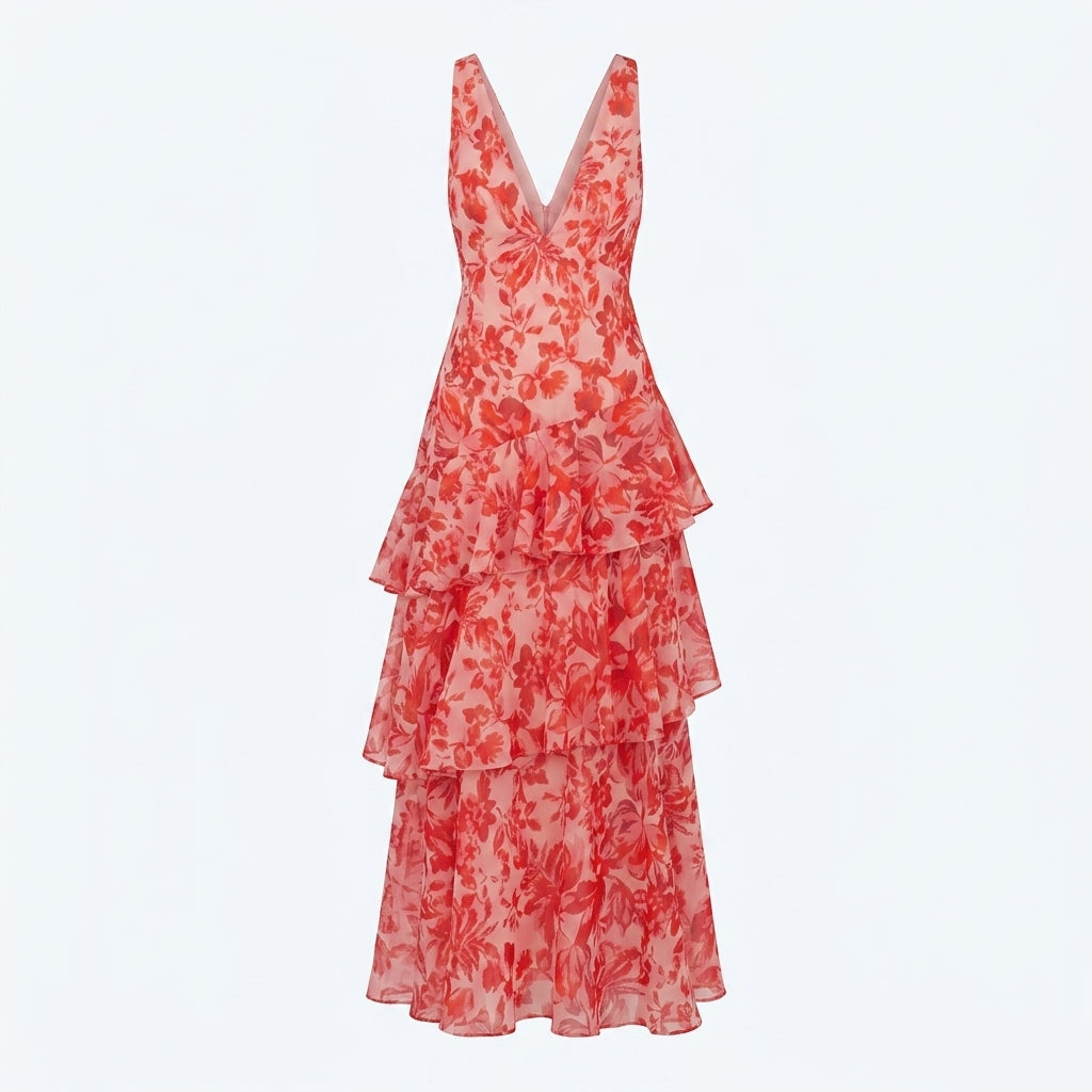 Vestido sin mangas de cuello pico rojo con estampado floral y falda larga con capas de volantes
