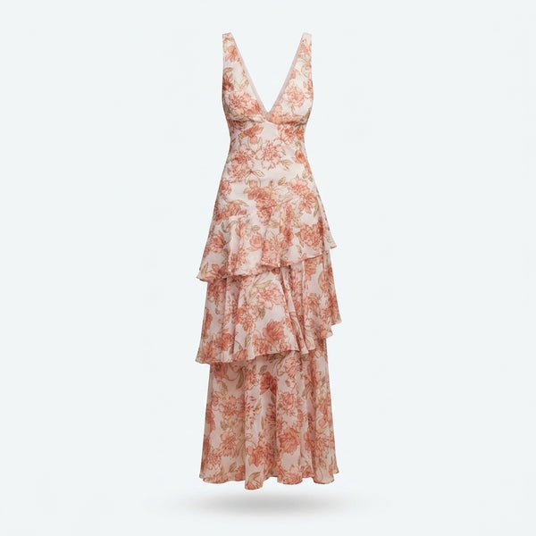 Vestido sin mangas de cuello pico en durazno con estampado floral, falda larga con volantes