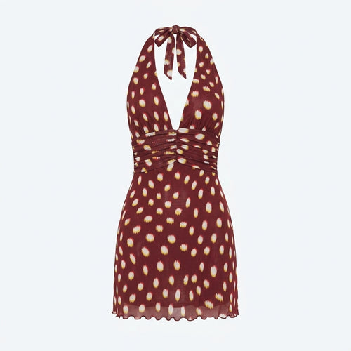 Vestido corto burdeos con lunares amarillos, cuello con lazo y tirantes cruzados
