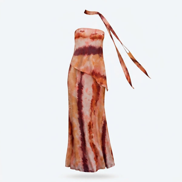 Vestido satinado tie-dye con cintas largas colgantes y falda larga