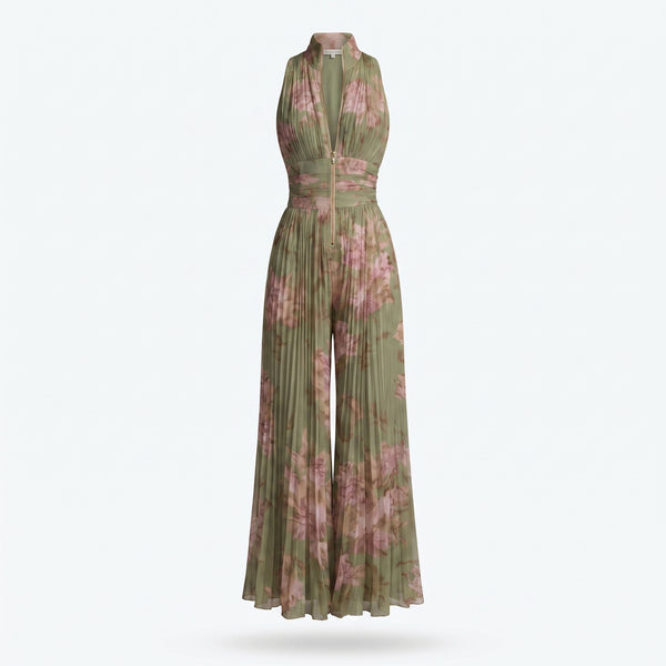 Vestido largo sin mangas en verde y rosa con estampado floral y cintura fruncida