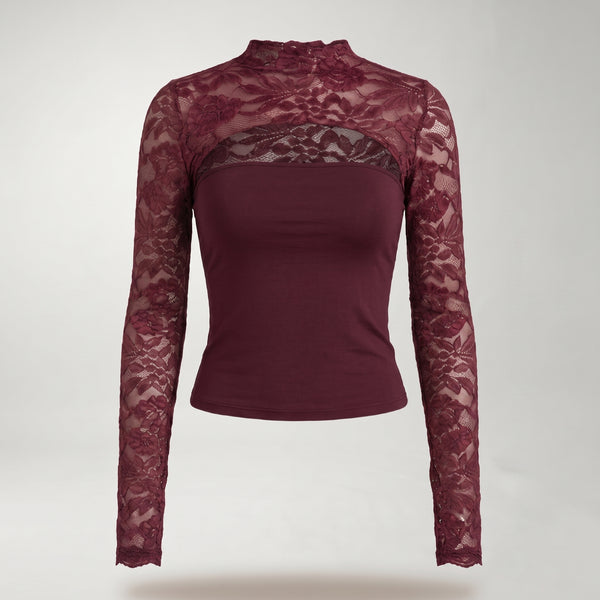 Top burdeos de encaje con cuello alto y mangas largas transparentes