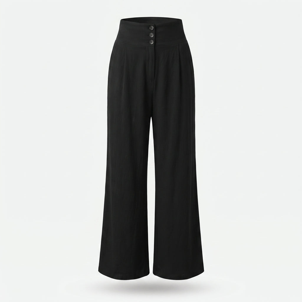 Pantalón de lino negro, cintura elástica y botones frontales, pierna ancha