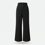 Pantalón de lino negro, cintura elástica y botones frontales, pierna ancha