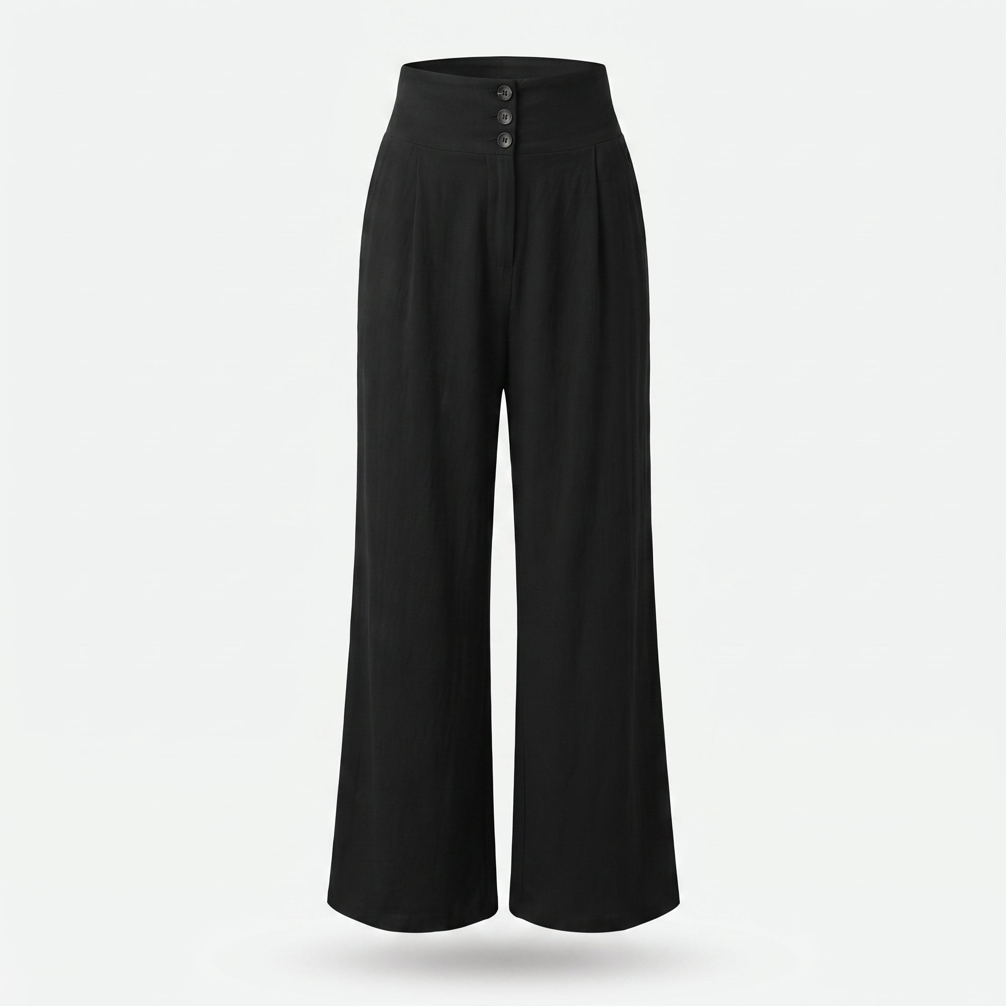 Pantalón de lino negro, cintura elástica y botones frontales, pierna ancha