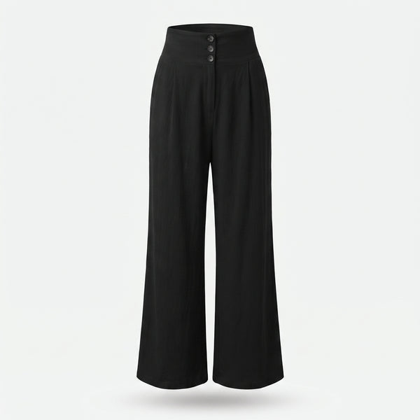 Pantalón de lino negro, cintura elástica y botones frontales, pierna ancha
