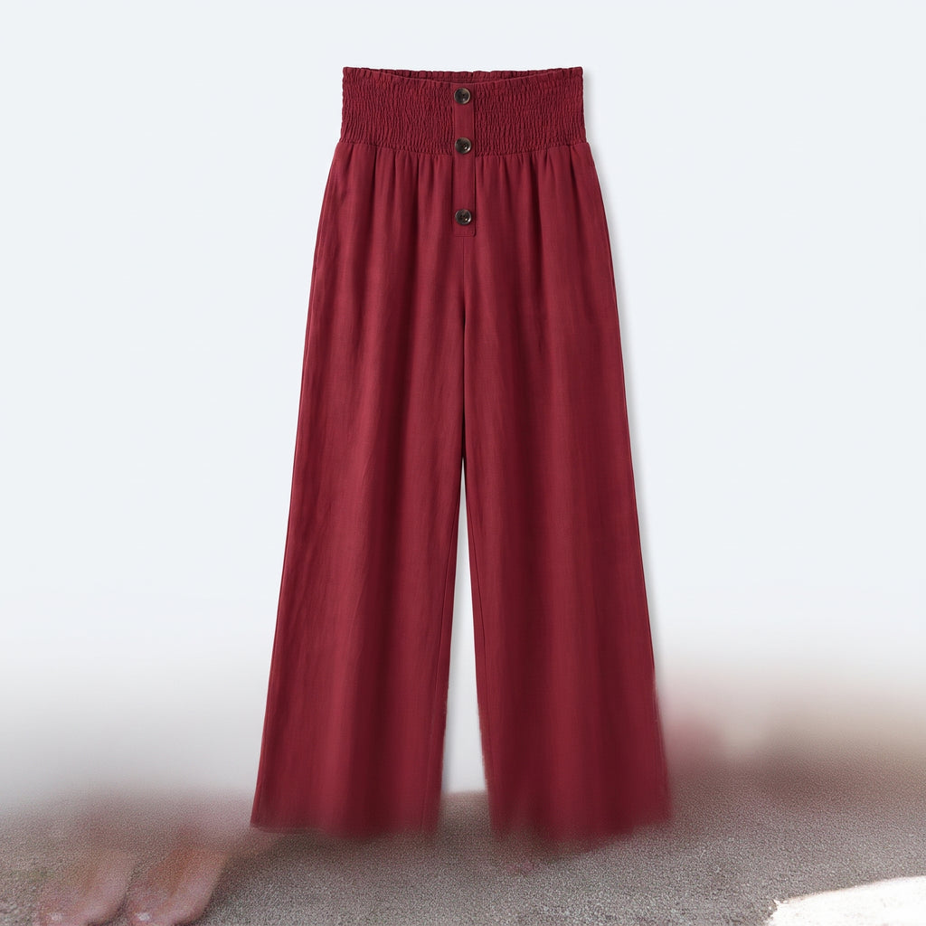 Pantalón de lino natural burdeos con botones frontales y cintura elástica
