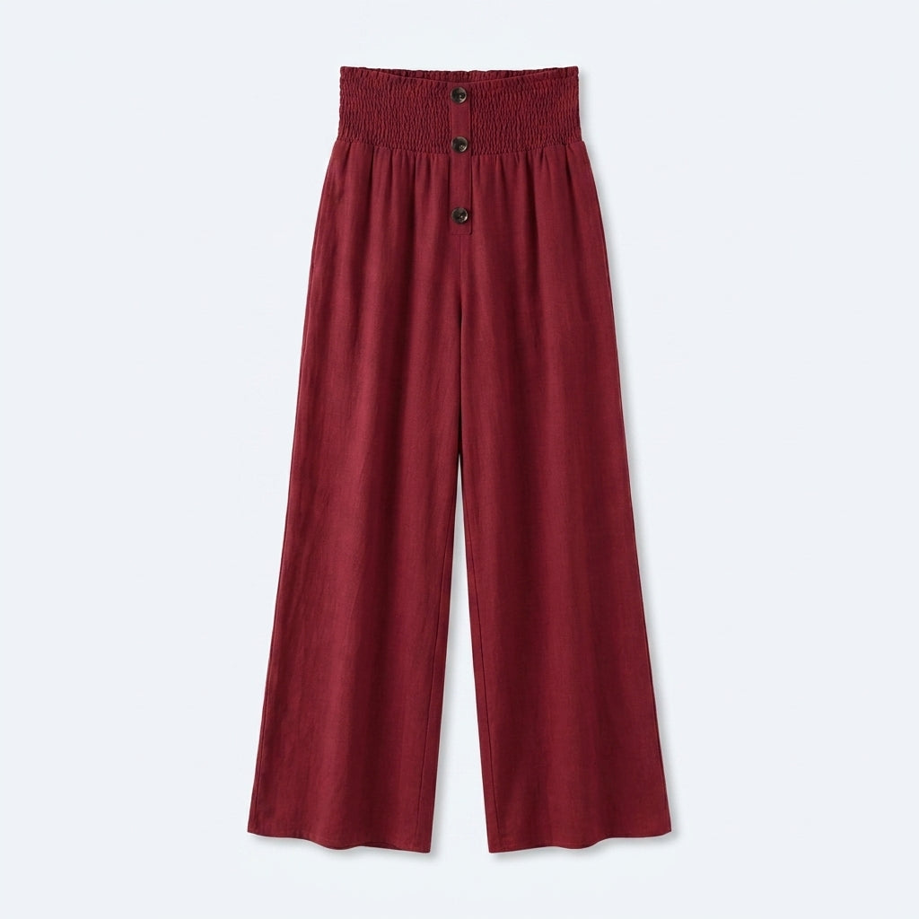 Pantalón relajado de lino y algodón vino con cintura elástica y botones decorativos