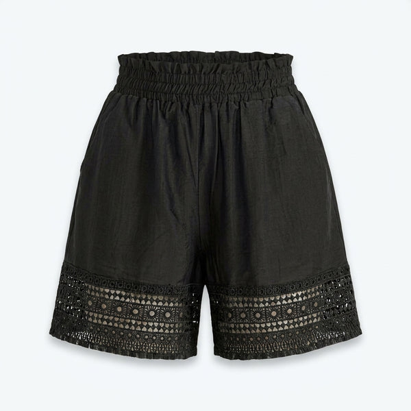 Short negro con cintura elástica y franja de bordado decorativo en el bajo