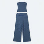 Conjunto Romena de lino a rayas: top palabra de honor y pantalón ancho azul
