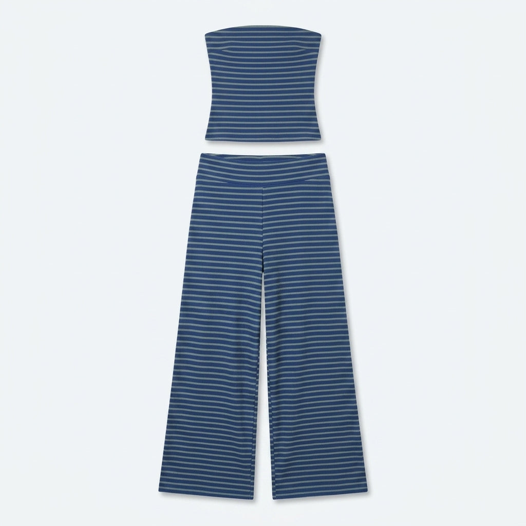 Conjunto Romena de lino a rayas: top palabra de honor y pantalón ancho azul