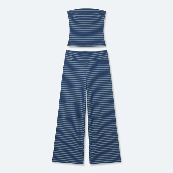 Conjunto Romena de lino a rayas: top palabra de honor y pantalón ancho azul