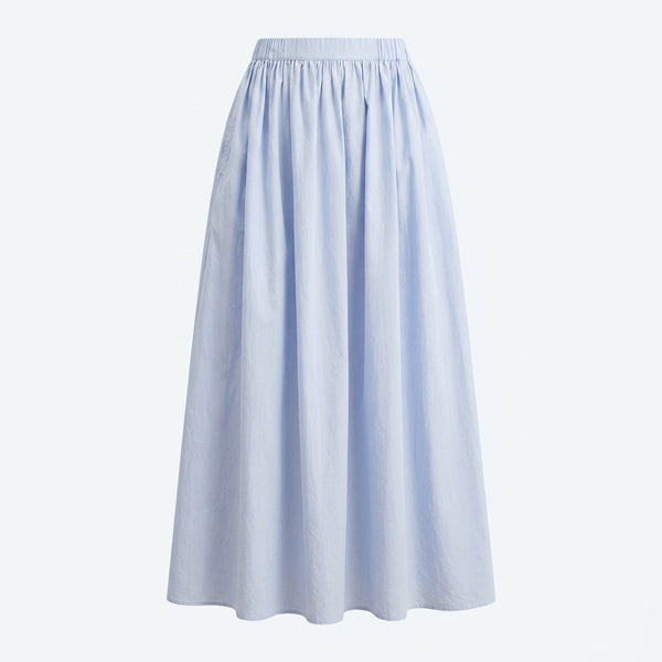 Falda midi de algodón azul claro con pliegues verticales y cintura elástica