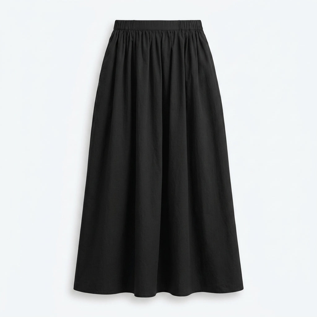 Falda midi de algodón negra con cintura elástica fruncida