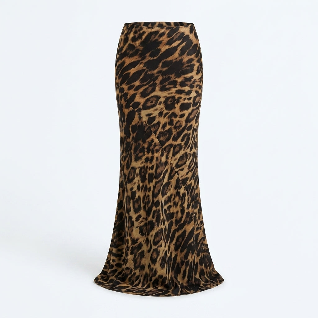 Falda maxi de tejido fluido con estampado leopardo marrón oscuro y negro