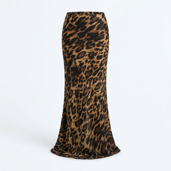 Falda maxi de tejido fluido con estampado leopardo marrón oscuro y negro