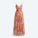 Vestido Belle Époque naranja en tul, escote en V y falda suelta con caída