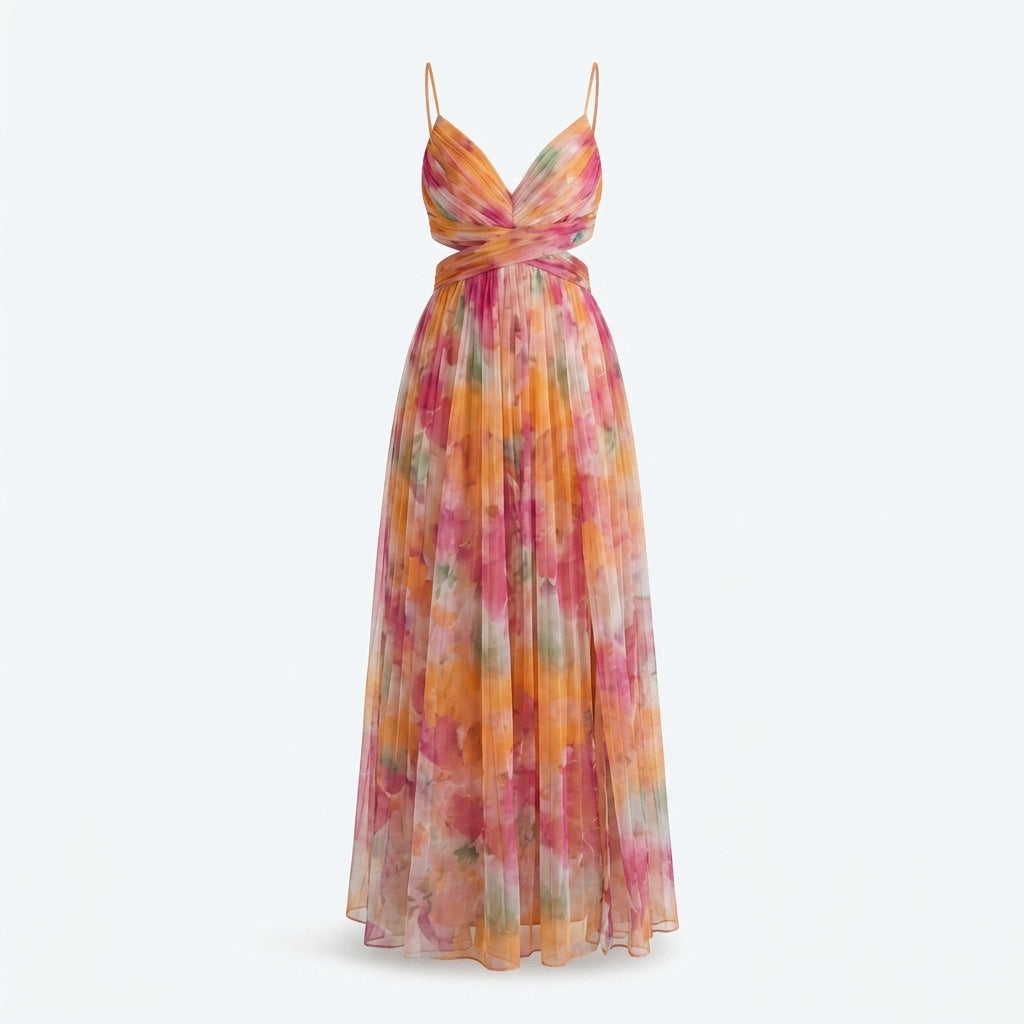 Vestido Belle Époque naranja en tul, escote en V y falda suelta con caída