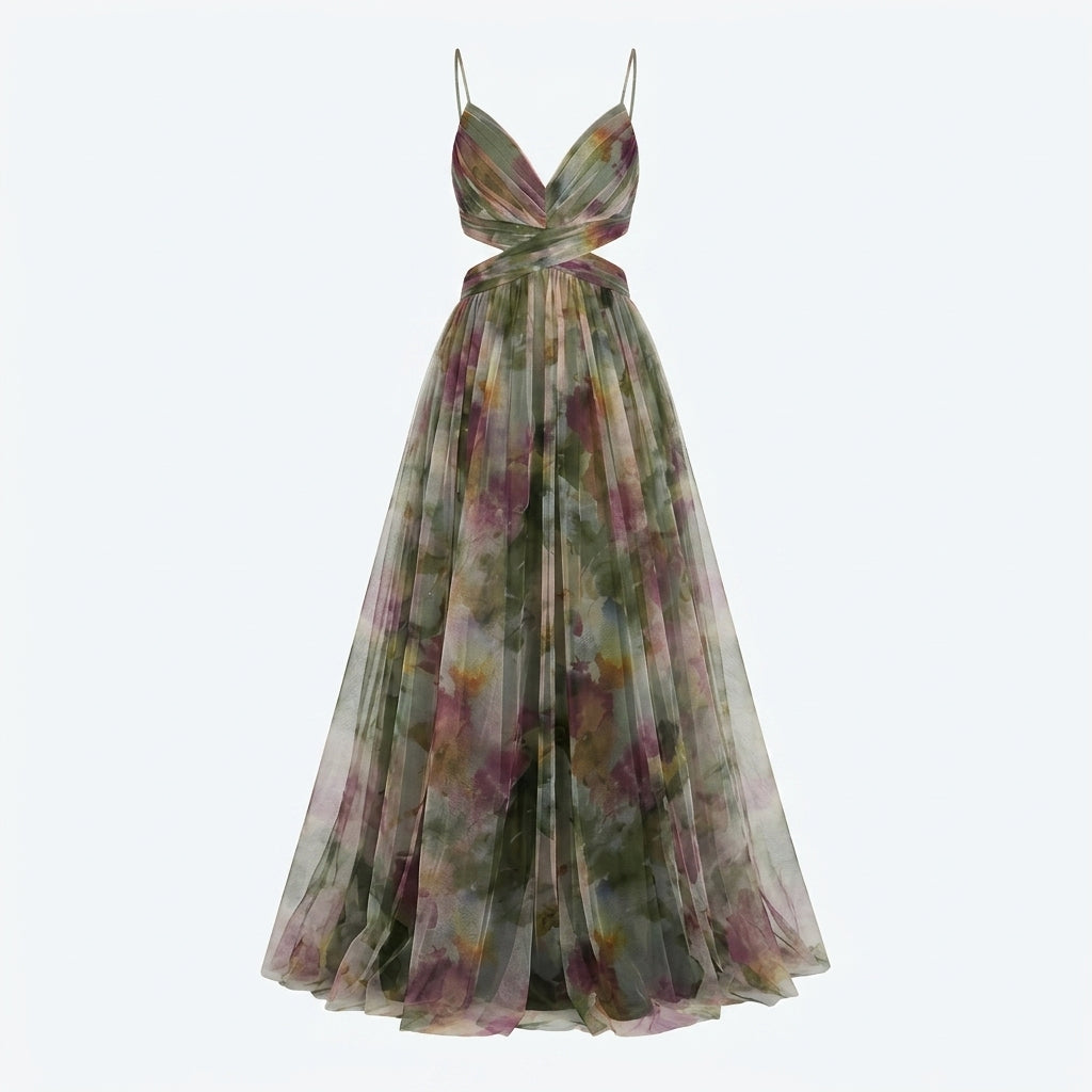Vestido Belle Époque de tul verde con tirantes finos y falda amplia plisada