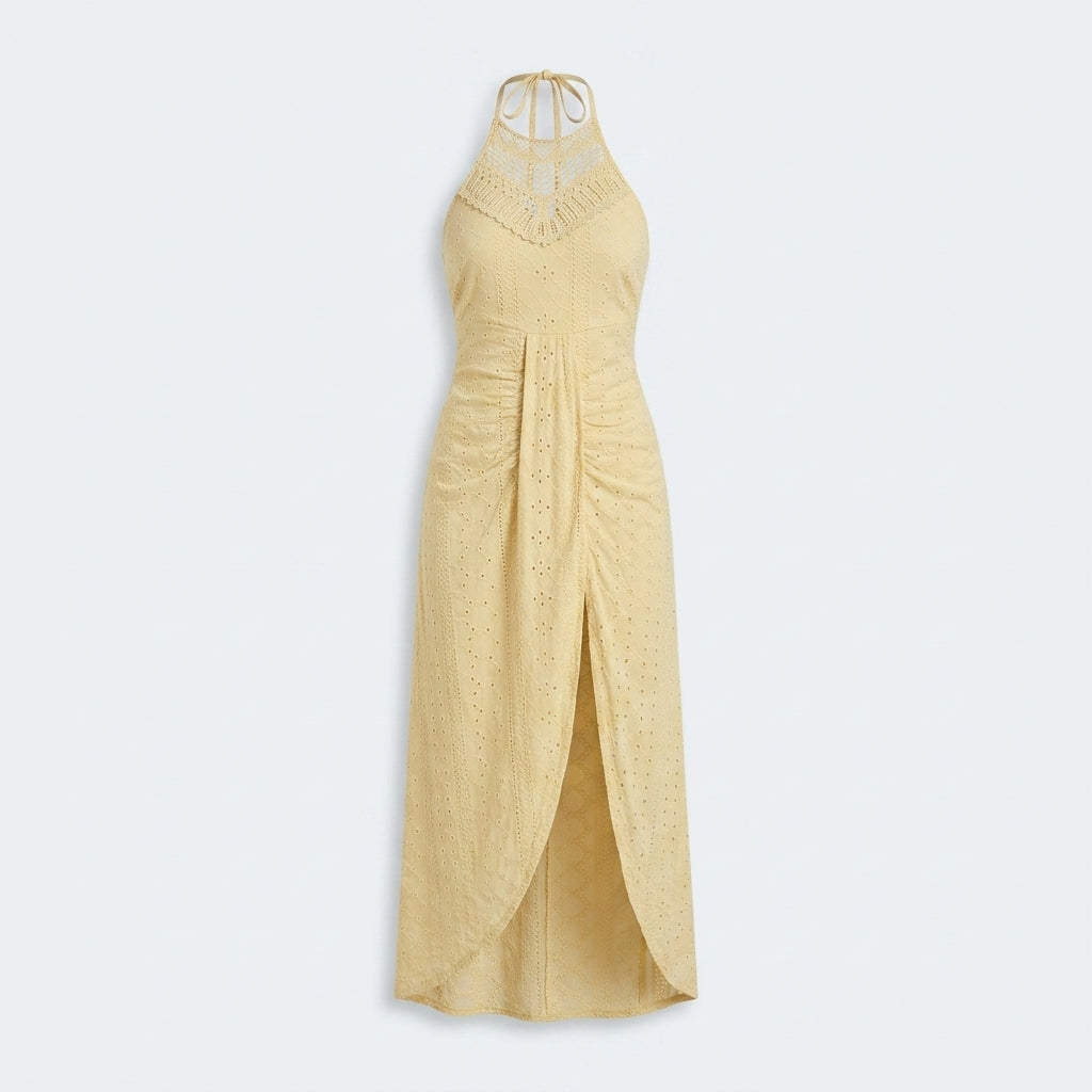 Vestido Élan amarillo en percha, con tirantes finos y abertura frontal larga