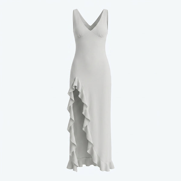 Vestido midi blanco sin mangas con escote en pico y volantes en capas