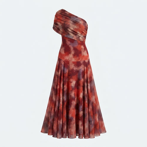 Vestido largo estampado rojo granate, escote asimétrico con capucha drapeada en la parte superior