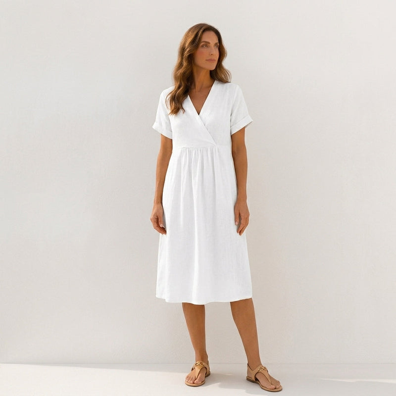 Vestido midi de lino para mujer, con cuello en V.