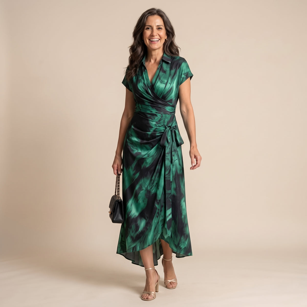 Vestido maxi envolvente verde con estampado tipo acuarela y lazo en la cintura