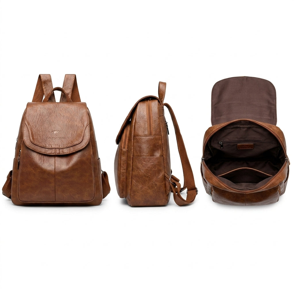 Mochila de cuero marrón con solapa, asas y correas, vista frontal y lateral