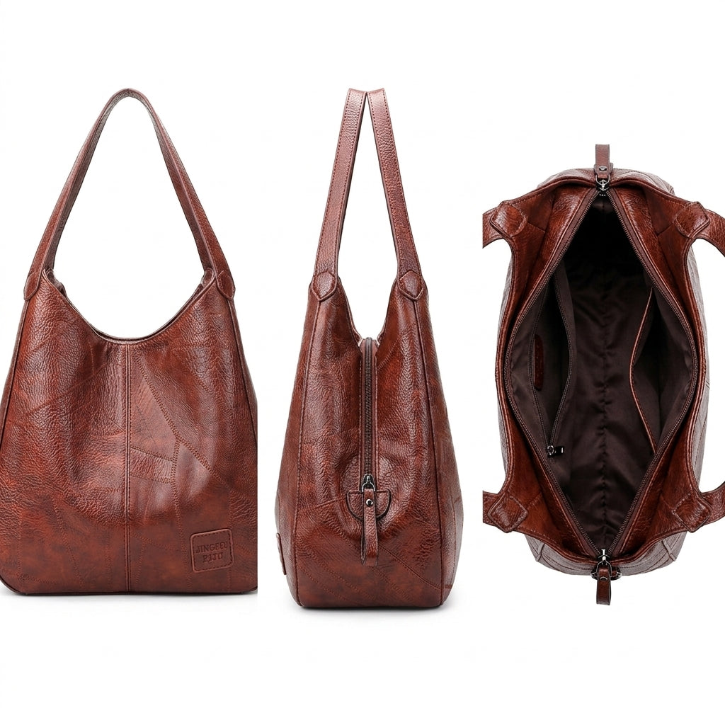 Bolso Orinethe de cuero marrón oscuro, asas y compartimento con cremallera abierta