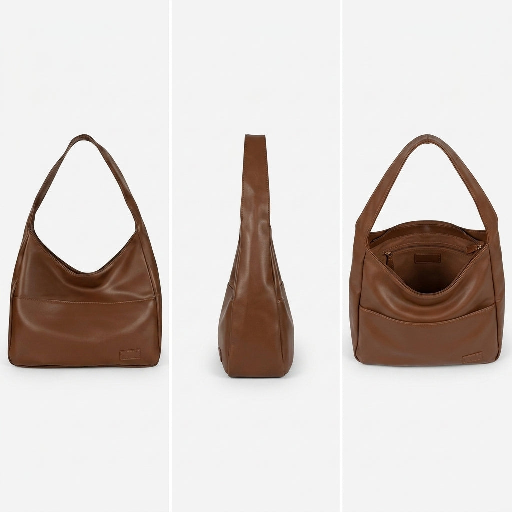Bolso maxi marrón de piel con asas y cierre superior, vista frontal y lateral.