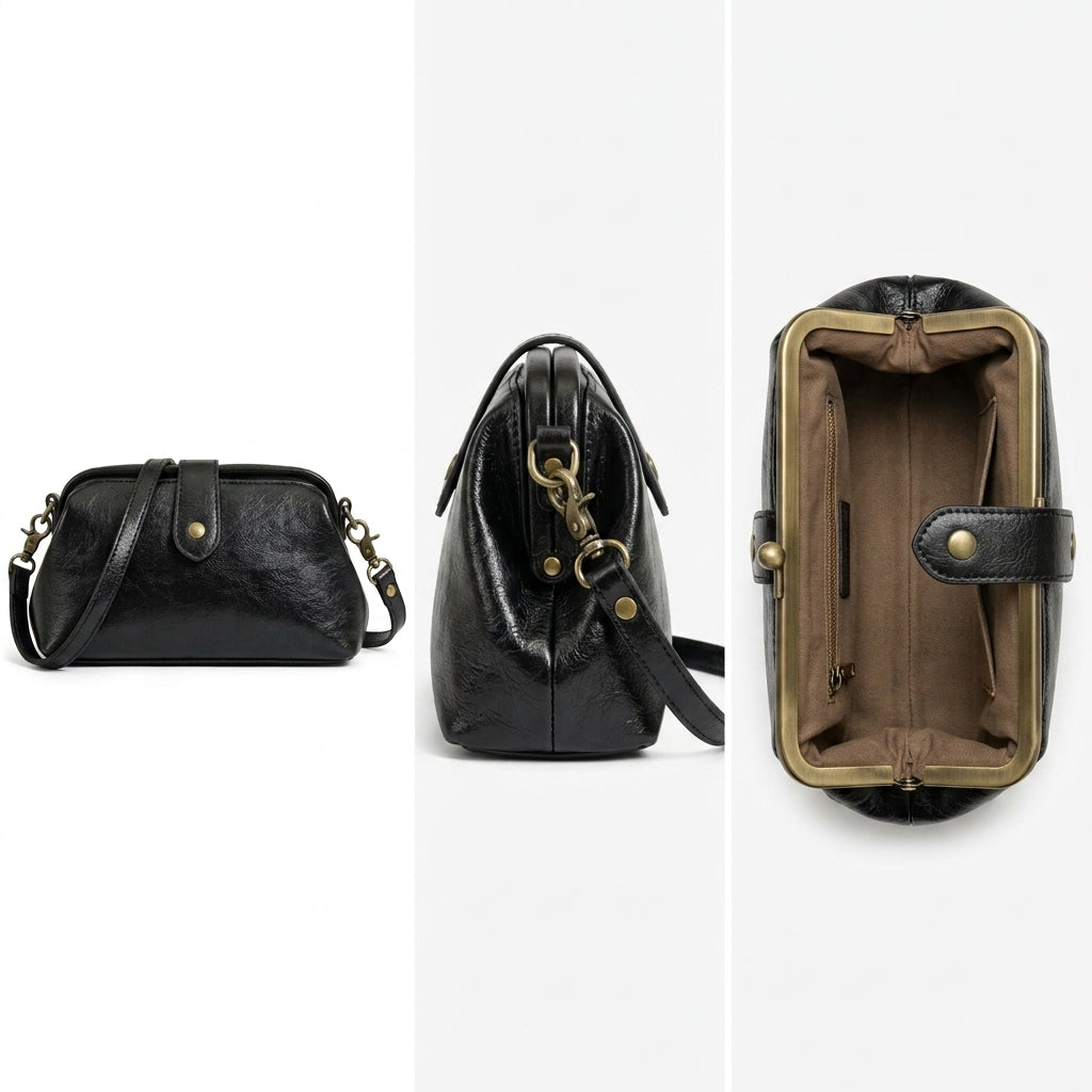 Bolso bandolera de cuero negro y forro marrón; vista lateral, cierre y compartimentos