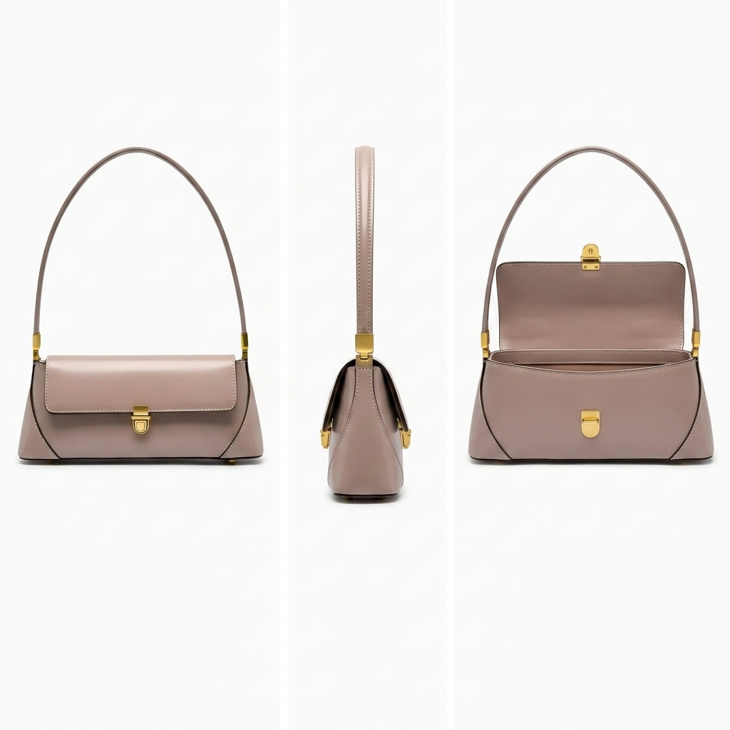 Bolso de mano con solapa y asa superior, color topo, cierre metálico dorado