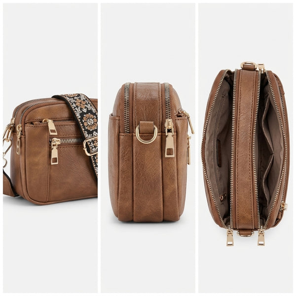 Bolso retro marrón con bandolera, cierre con cremallera y panel frontal con hebilla