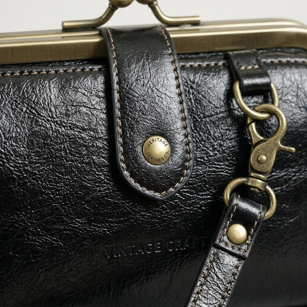 Bolso de cuero negro con etiqueta 'HERITAGE' en solapa y mosquetones metálicos dorados
