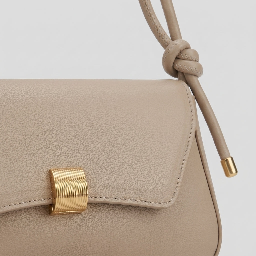 Bolso mini beige: detalle de cierre dorado y costuras a contraste