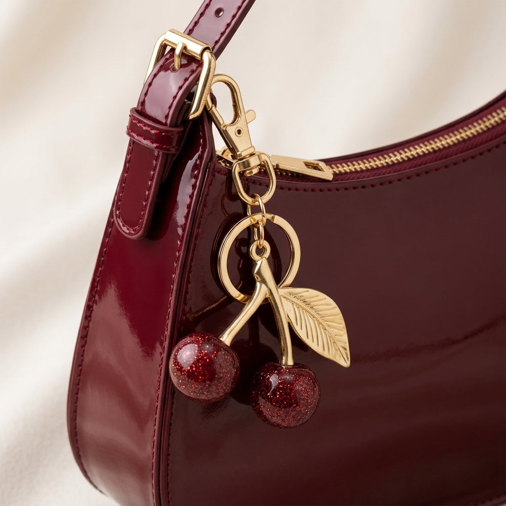 Bolso de charol rojo con cremallera dorada y colgante de cerezas