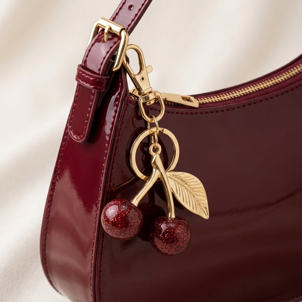 Bolso de charol rojo con cremallera dorada y colgante de cerezas