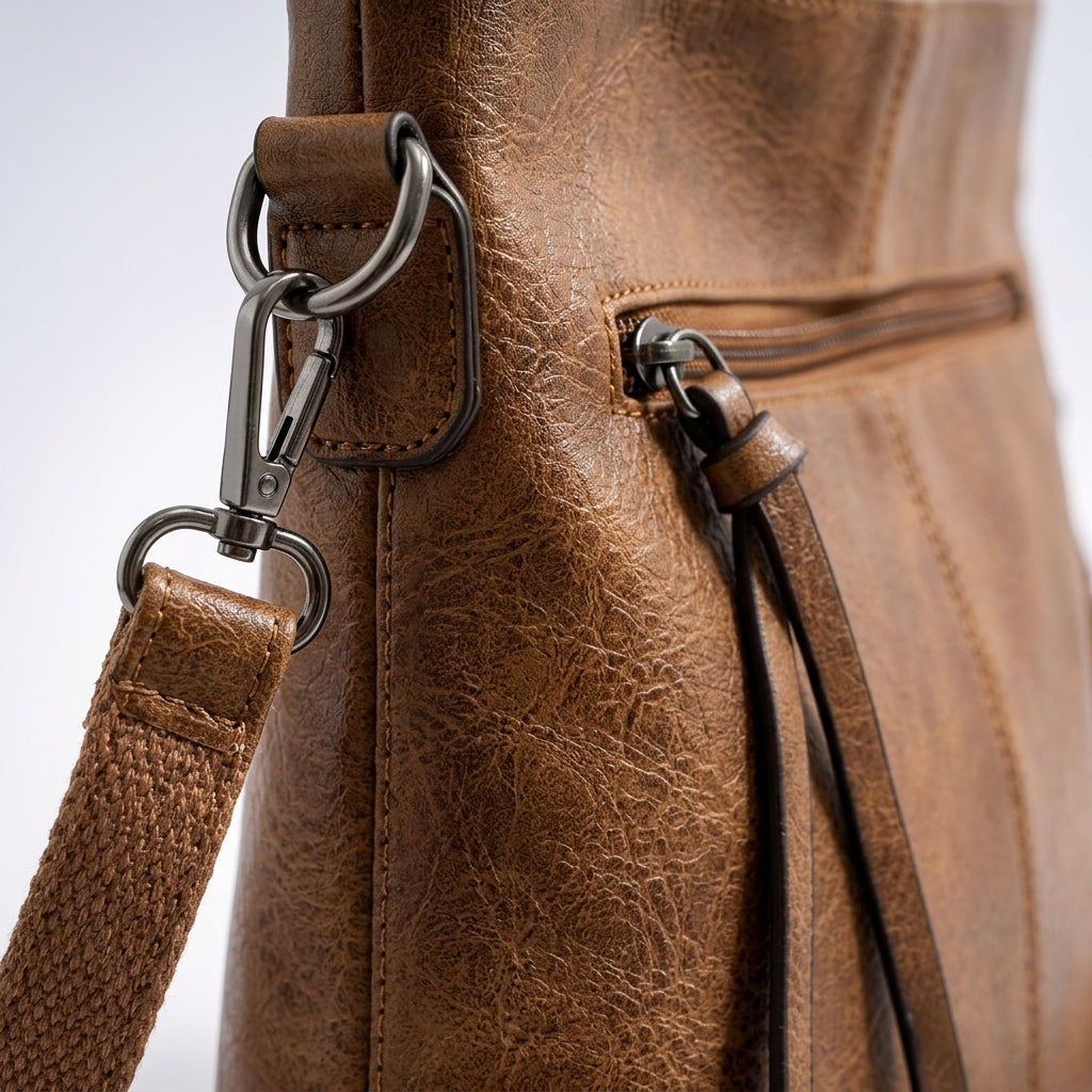 Bolso de bandolera marrón con herrajes plateados y cierre con cremallera superior.