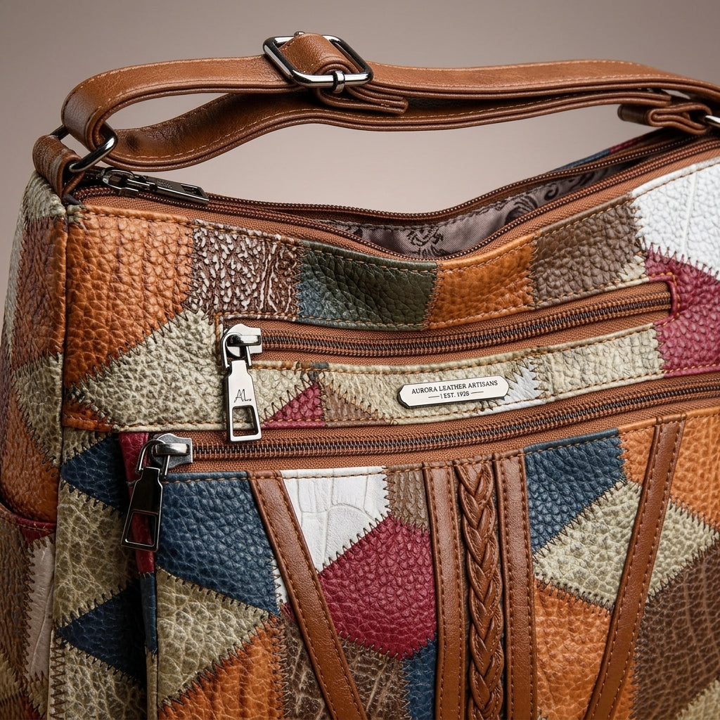 Bolso bandolera patchwork con bolsillo con cremallera y costuras de cuero marrón