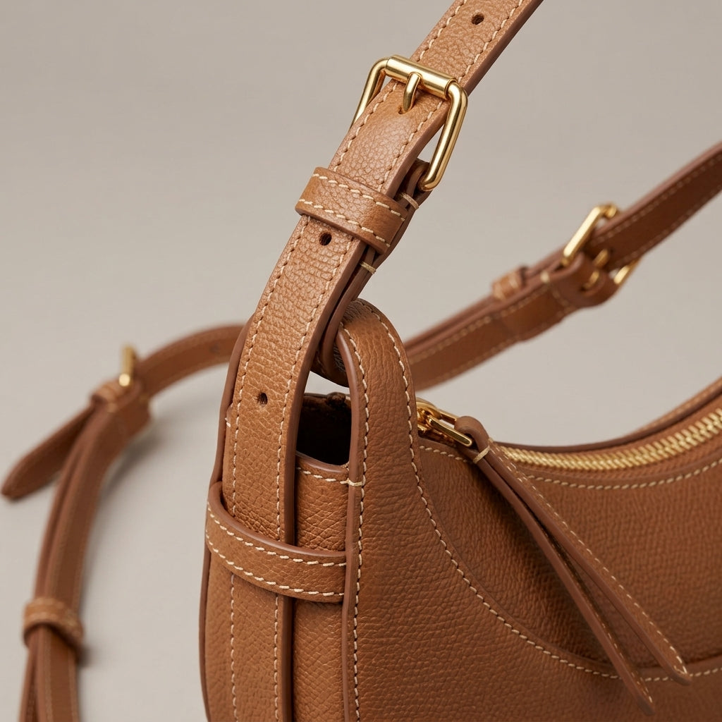 Detalle del bolso tipo hobo caramelo: cremallera y herrajes dorados