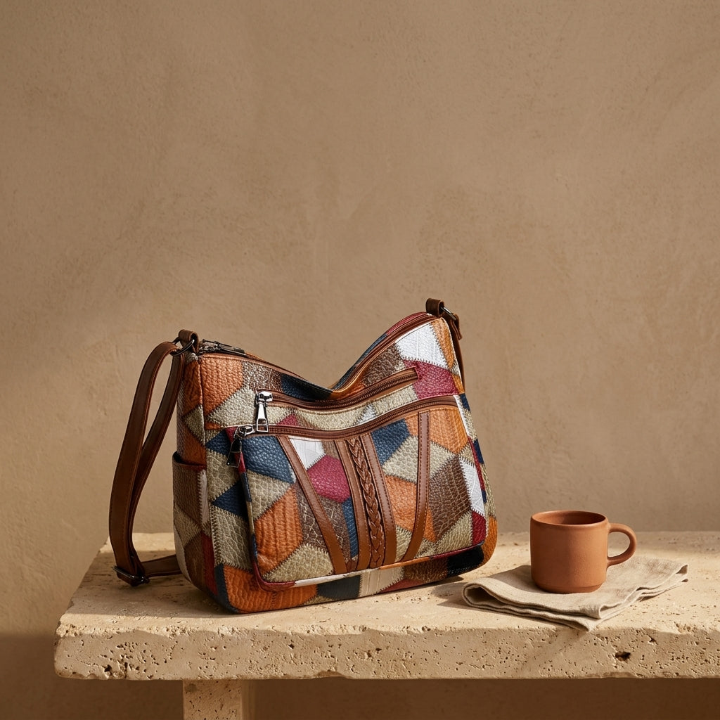 Bolso bandolera patchwork multicolor con cremallera y correa de cuero marrón