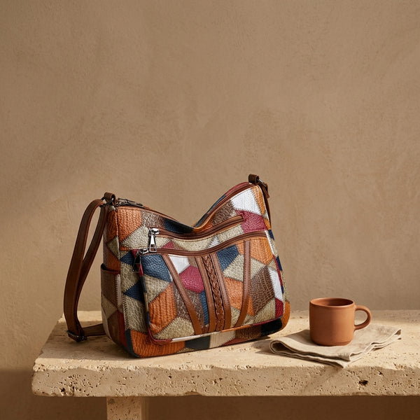 Bolso bandolera patchwork multicolor con cremallera y correa de cuero marrón
