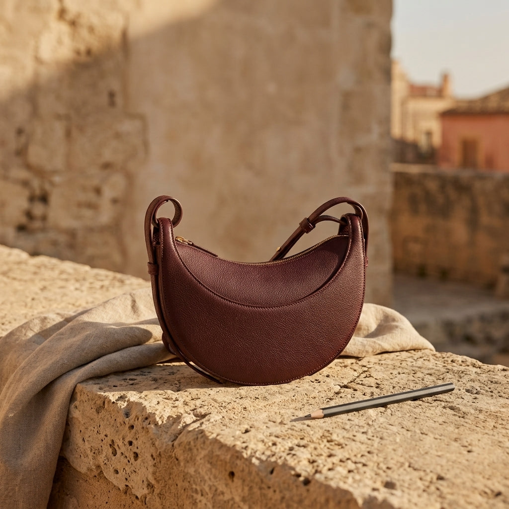Bolso tipo hobo granate con asas cortas y herrajes metálicos